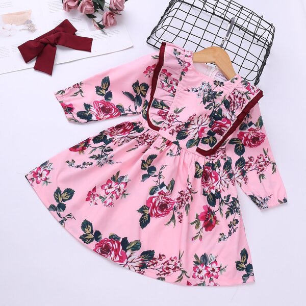 

Toddler Girls Ruffle Trim Floral A-line Dress, Pink