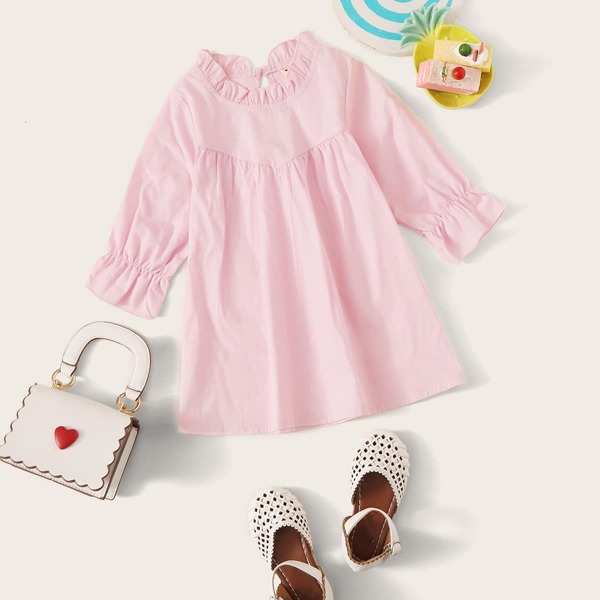 

Baby Girl Frill Neck Flounce Sleeve Babydoll Dress, Baby pink