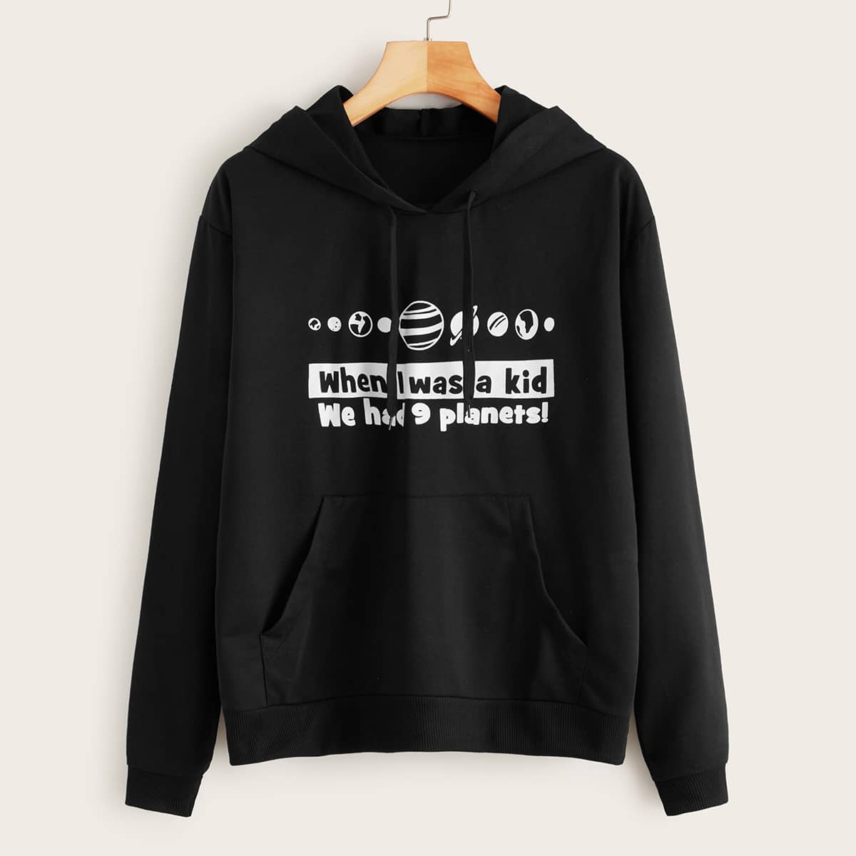 

Slogan Graphic Kangaroo Pocket Drawstring Hoodie, Black