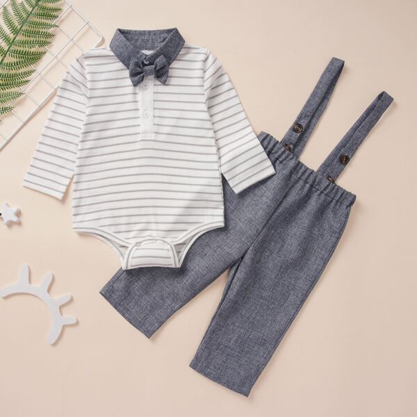 

Baby Boy Contrast Collar Striped Romper With Pants, Multicolor