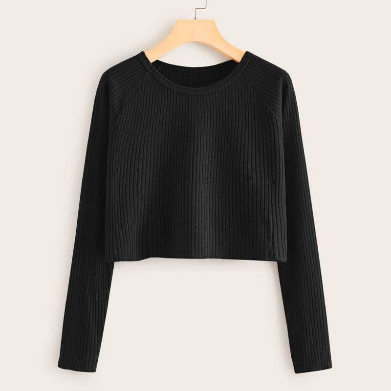 

Solid Raglan Sleeve Crop Ribbed Tee, Black