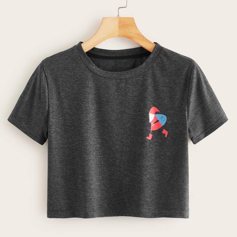

Christmas Santa Claus Print Crop Tee, Grey