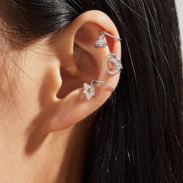 

3pcs Star & Moon Rhinestone Ear Cuff, Silver