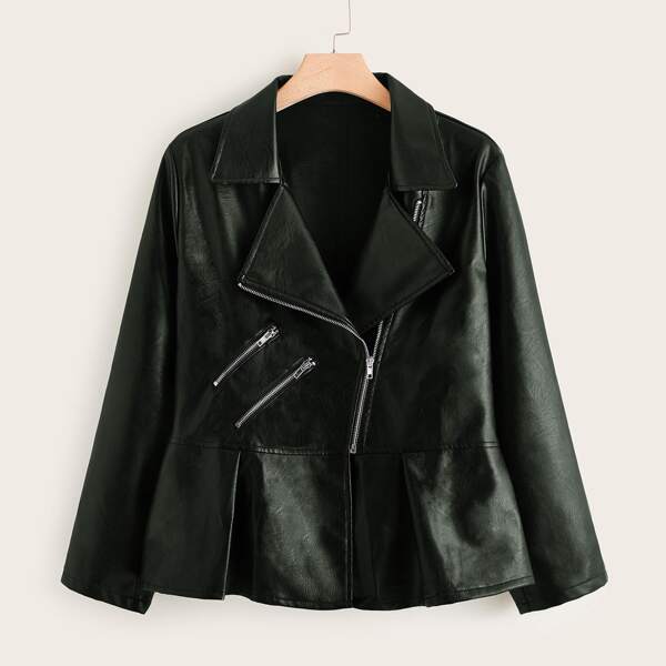 Plus Zip Detail Peplum PU Moto Jacket, Green