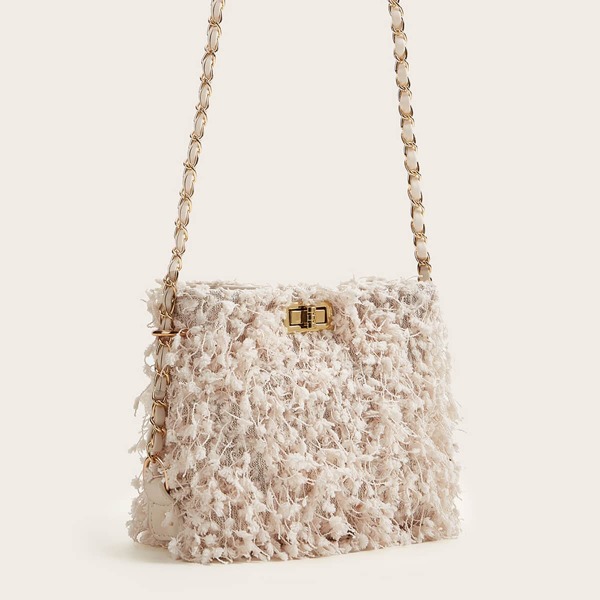 

Feather Chain Bucket Bag, Beige