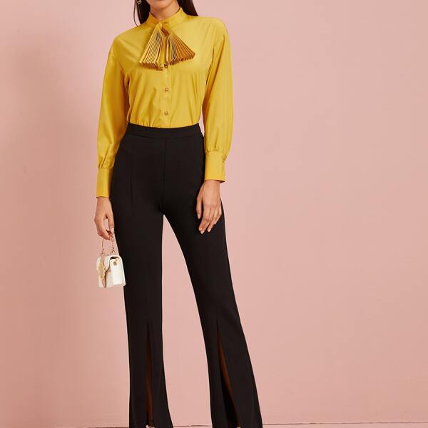 

Button Through Pleated Curved Hem Blouse, Yellow
