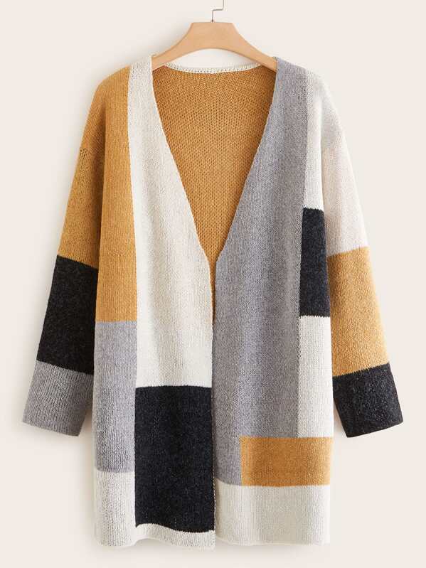 

Plus Colorblock Open Front Drop Shoulder Cardigan, Multicolor