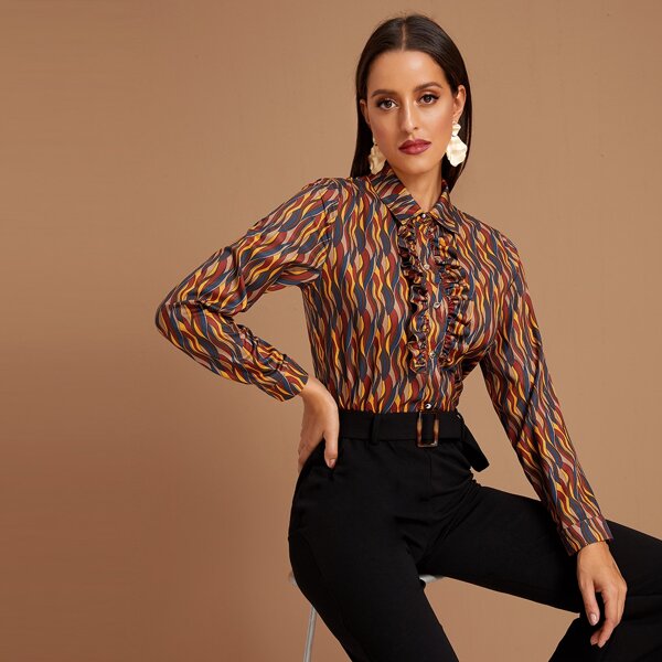 

Graphic Lettuce Frill Trim Blouse, Multicolor