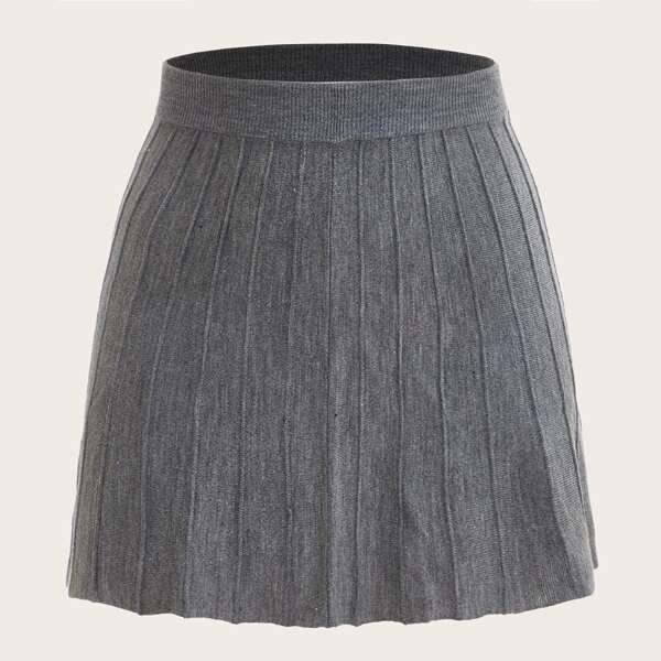 Plus Ribbed Knit A-Line Sweater Skirt, Grey