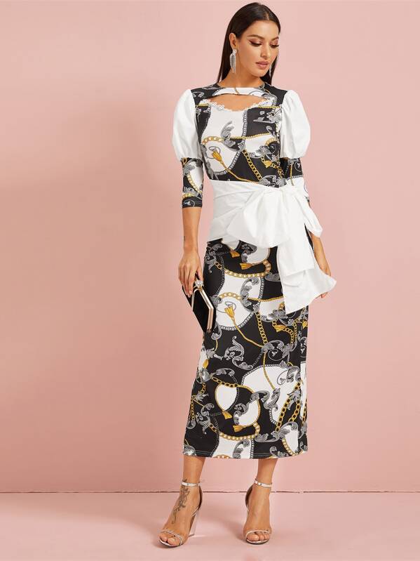 

Cut Out Chain Print Slit Hem Belted Dress, Multicolor, ZulcarD