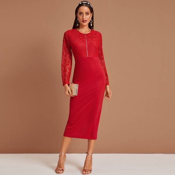 

Zipper Lace Overlay Split Hem Dress, Red