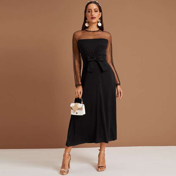 

Contrast Mesh Bow Detail Keyhole Back Dress, Black