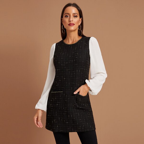 

Contrast Sleeve Double Pocket Tweed Dress, Black