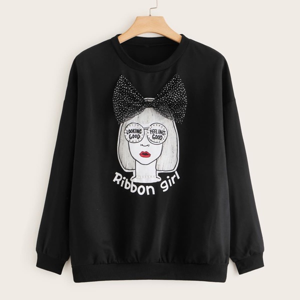 

Свитшот размера плюс с бантом и графическим принтом, Чёрный