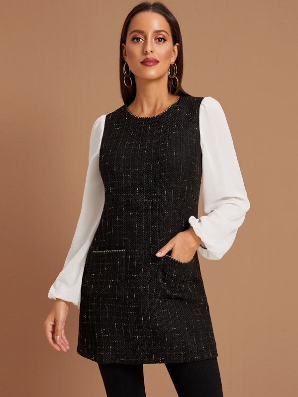 

Contrast Sleeve Double Pocket Tweed Dress, Black, Mary P.