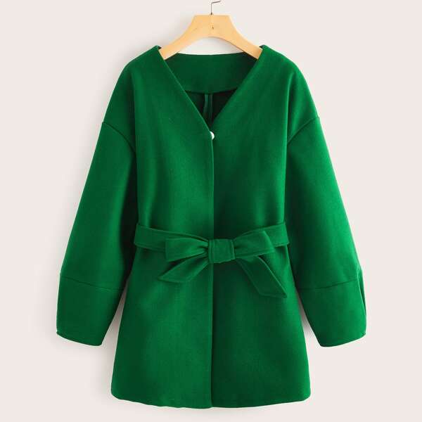 

V-neck Drop Shoulder Belted Coat, Green