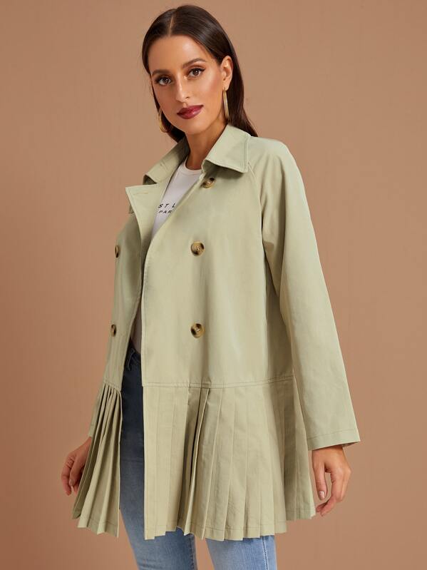 

Double Breasted Raglan Sleeve Pleated Hem Trench Coat, Khaki, Mary P.
