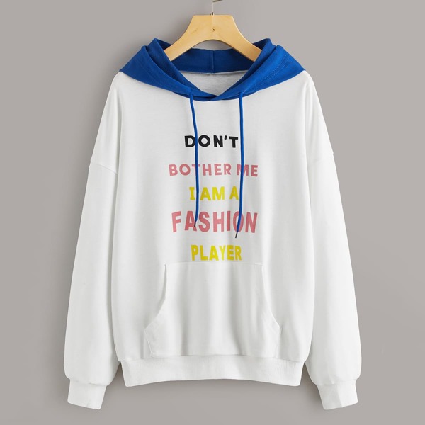 

Two Tone Slogan Graphic Drawstring Hoodie, White
