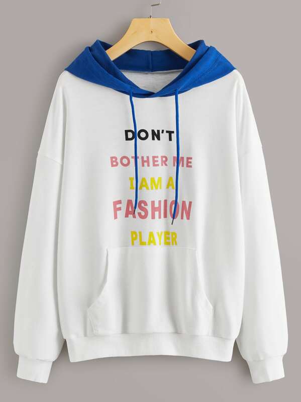 

Two Tone Slogan Graphic Drawstring Hoodie, White