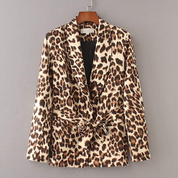 

Shawl Collar Leopard Graphic Belted Blazer, Multicolor