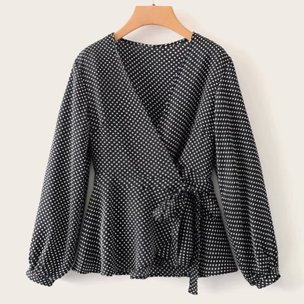 

Polka Dot Wrap Tie Side Blouse, Black