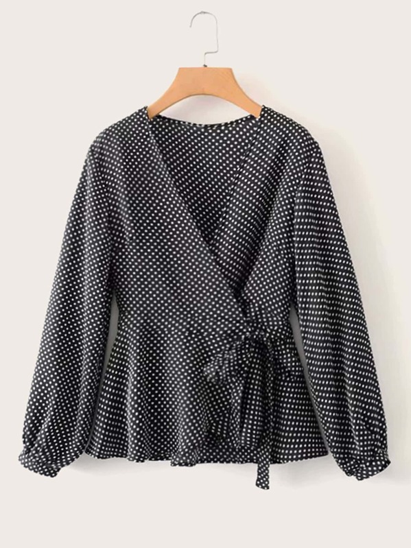 

Polka Dot Wrap Tie Side Blouse, Black
