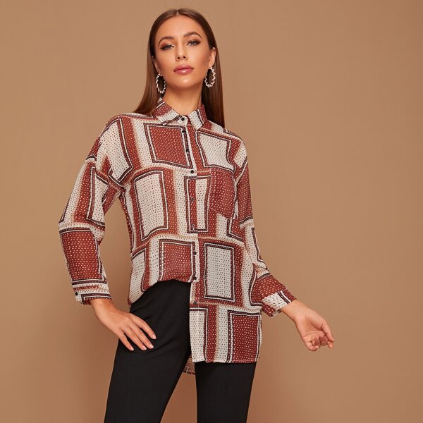 

Patchwork High Low Curve Button Up Blouse, Multicolor