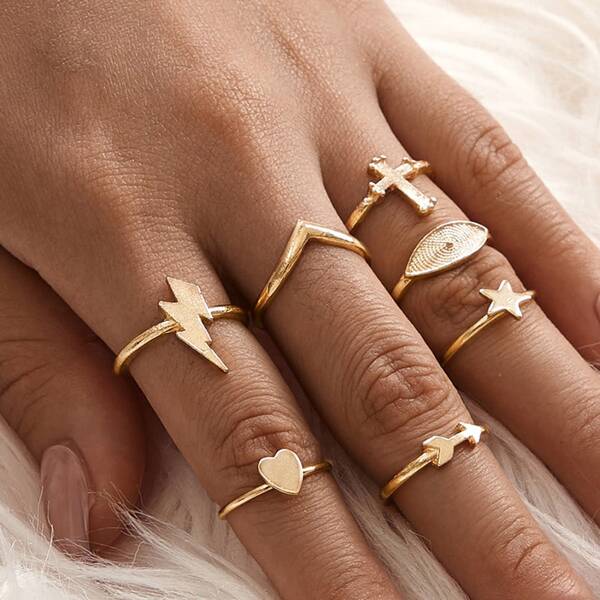 

7pcs Star & Heart Decor Ring, Gold