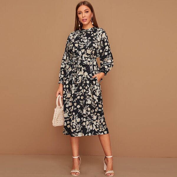 

Floral Graphic Belted Shirt Dress, Multicolor