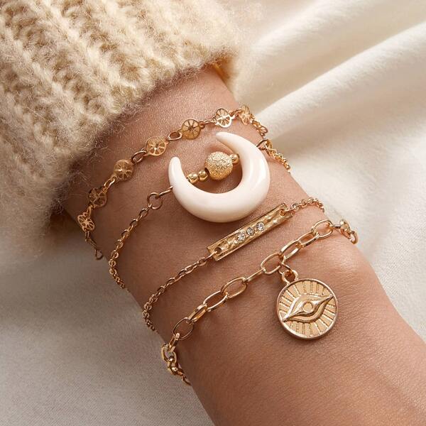 

4pcs Rhinestone & Moon Decor Link Bracelet, Gold