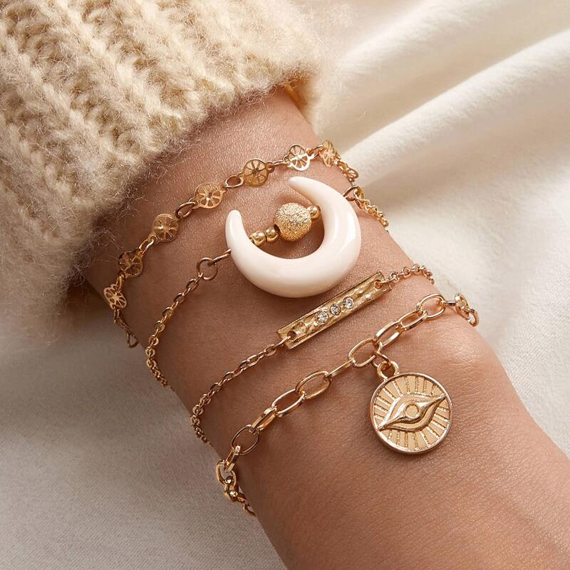 

4pcs Rhinestone & Moon Decor Link Bracelet, Gold