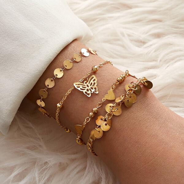 

4pcs Disc & Butterfly Decor Bracelet Set, Gold