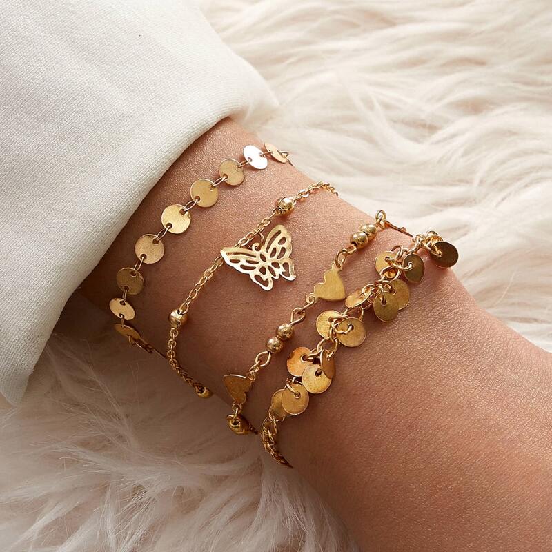 

4pcs Disc & Butterfly Decor Bracelet Set, Gold