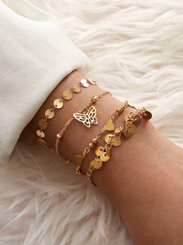 

4pcs Disc & Butterfly Decor Bracelet Set, Gold