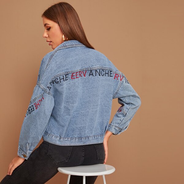 Letter Embroidered Washed Denim Jacket, Blue