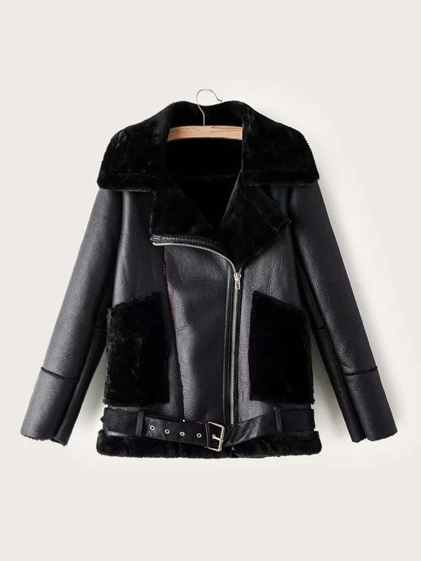Contrast Faux Fur Pu Leather Biker Jacket Shein Uk Faux Fur Pu Leather Biker Jacket