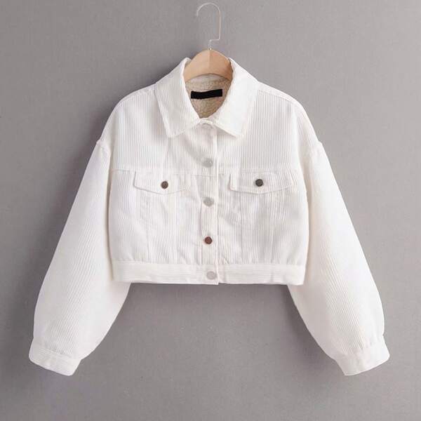 Corduroy Button Front Fleece Lined Crop Jacket, White