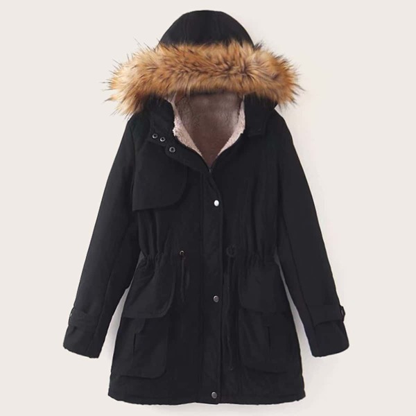

Drawstring Waist Contrast Faux Fur Hooded Parka Coat, Black