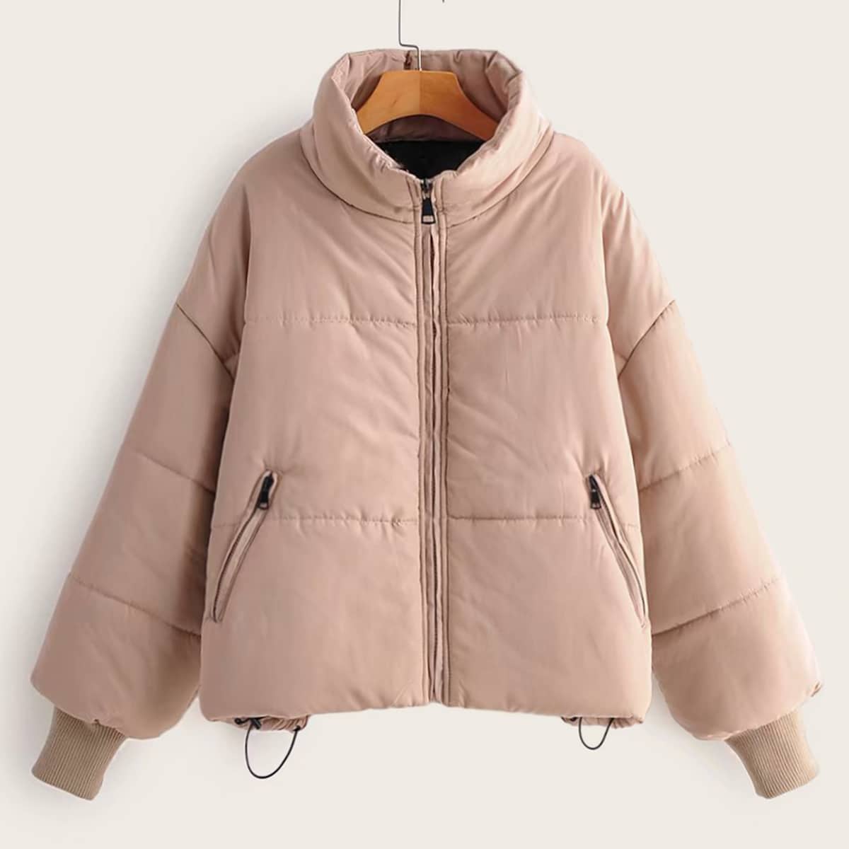 

Zip Up Drop Shoulder Drawstring Padded Jacket, Nude