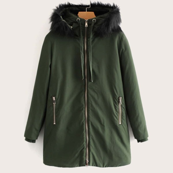 

Zip Up Drawstring Hooded Park Coat, Army green