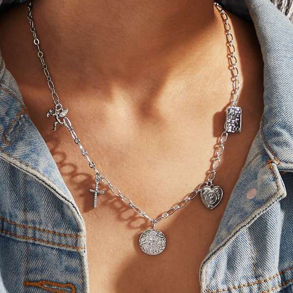 

1pc Cross & Heart Charm Chain Necklace, Silver