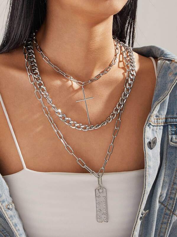 

3pcs Cross & Ruler Charm Chain Necklace, Silver