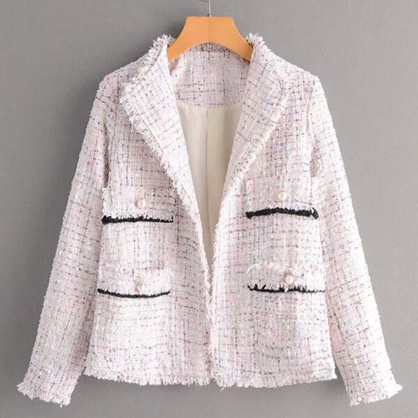 

Pocket Front Raw Hem Tweed Coat, Pink pastel