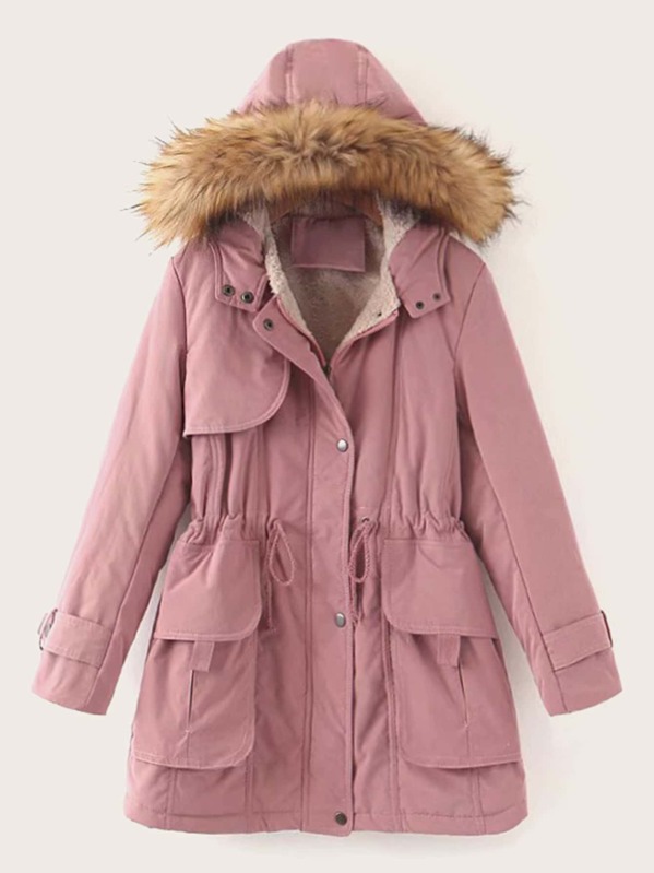 

Drawstring Waist Contrast Faux Fur Hooded Parka Coat, Pink