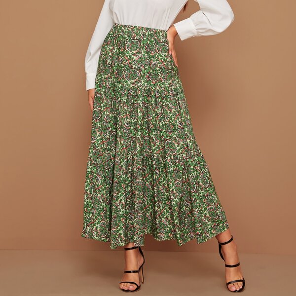 

Elastic Waist Plants Print Skirt, Green