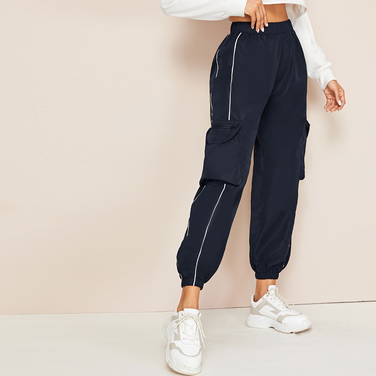 Image of Contrast Tape Zipper Pocket Cargo Trousers