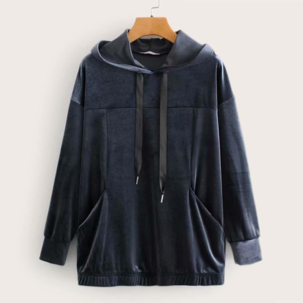 

Drop Shoulder Drawstring Hooded Velvet Sweatshirt, Navy