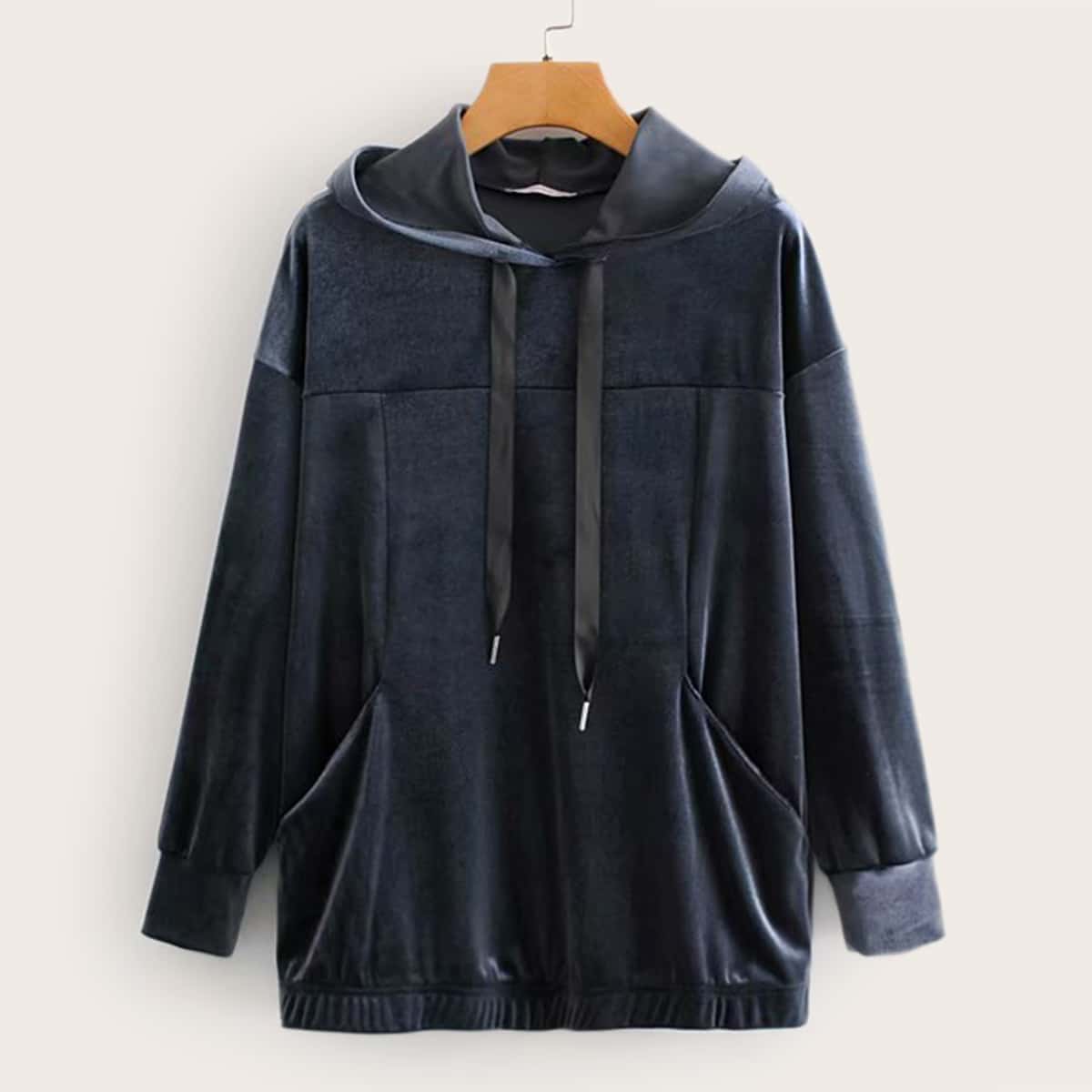 

Drop Shoulder Drawstring Hooded Velvet Sweatshirt, Navy