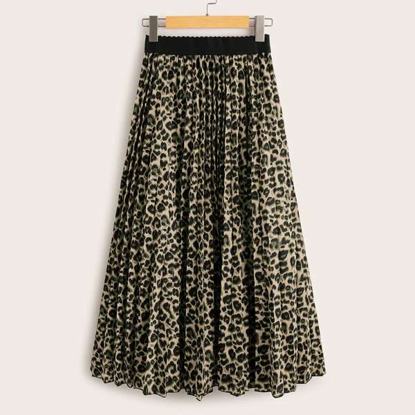 

Leopard Print Elastic Waist Pleated Skirt, Multicolor