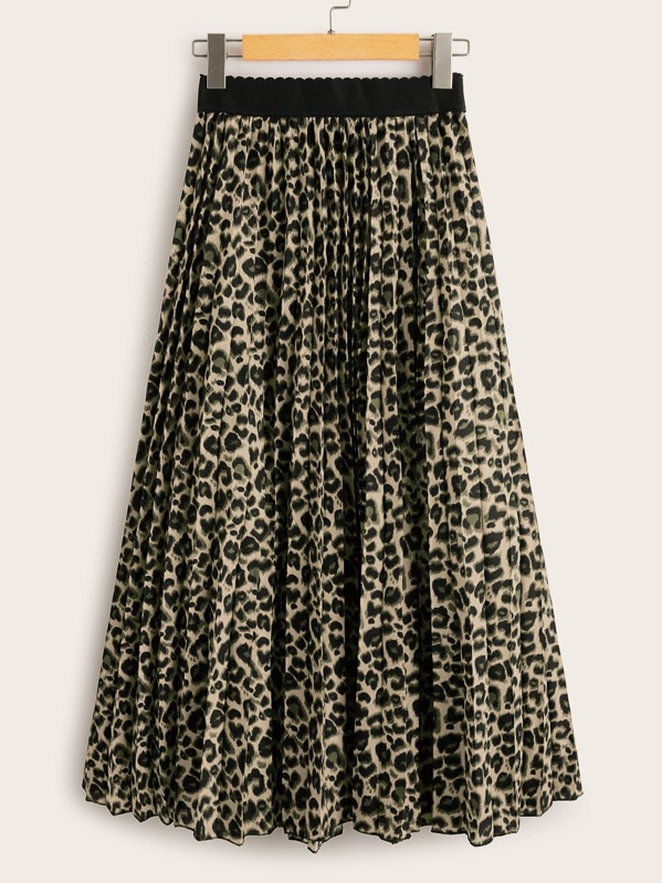 

Leopard Print Elastic Waist Pleated Skirt, Multicolor